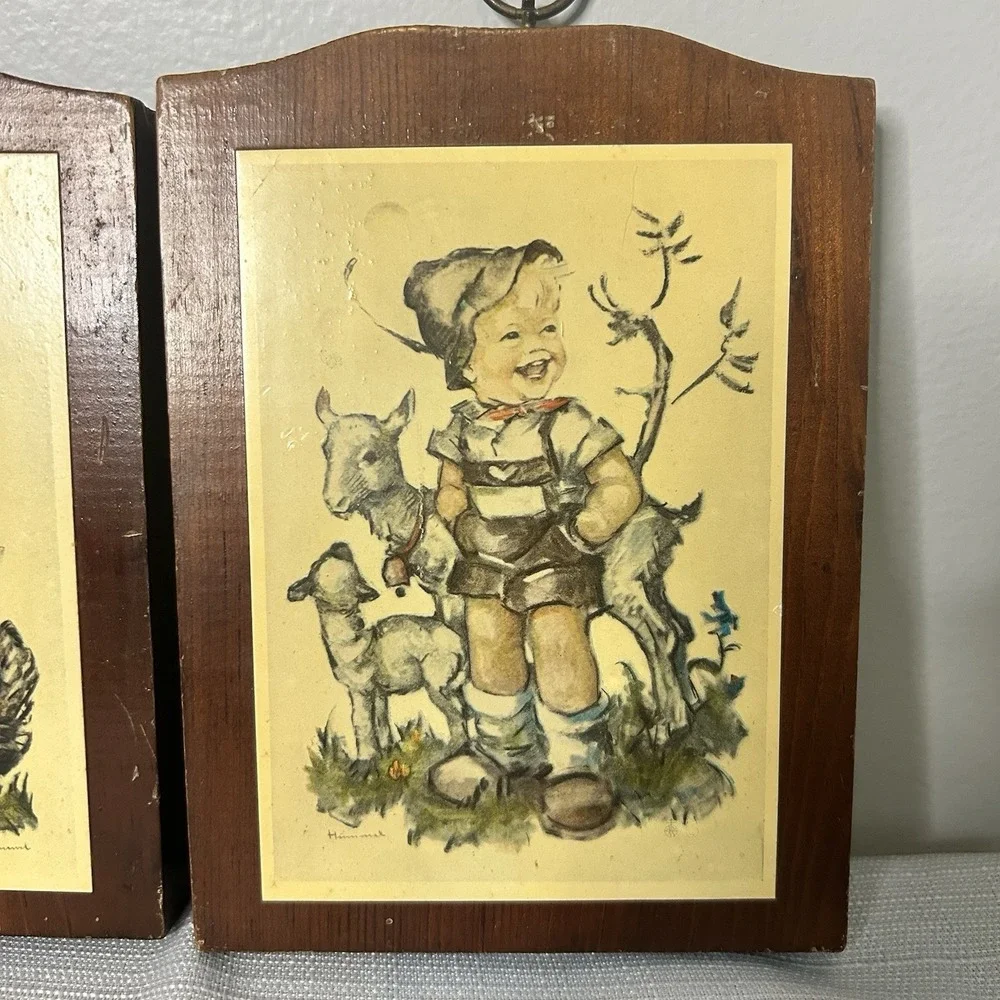 (3) Vintage Hummel Childlike Wall‎ Art Plaques On Wood Pre Owned 5.5x7